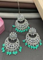 Pista Chandbali Design Earrings With Maang Tikka